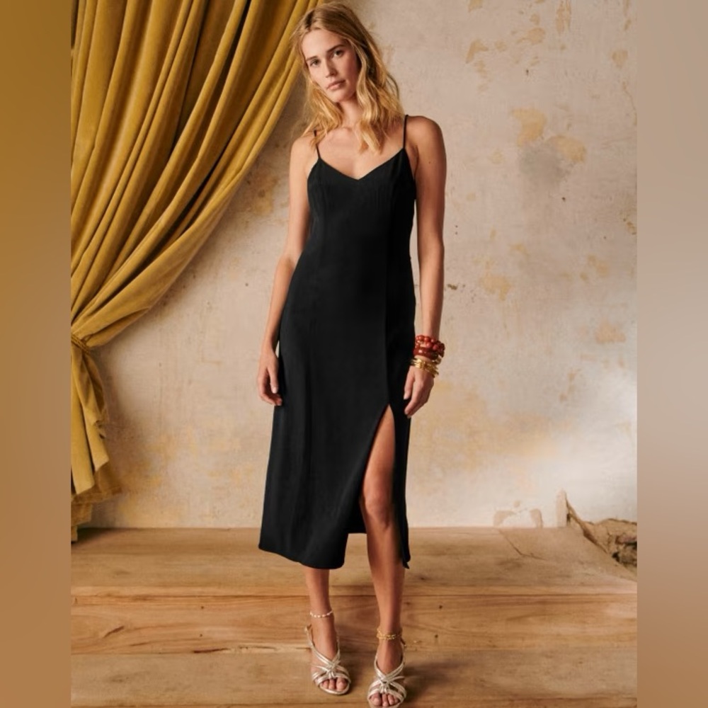 Sezane Black Ariane Viscose Slip Front Slit Dress.